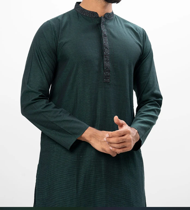 Green Fitted Jacquard Panjabi
